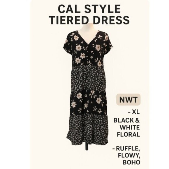 Cal Style Tiered Maxi Dress Women XL Black White Floral Ruffle Soft Flowy Boho - Picture 1 of 13